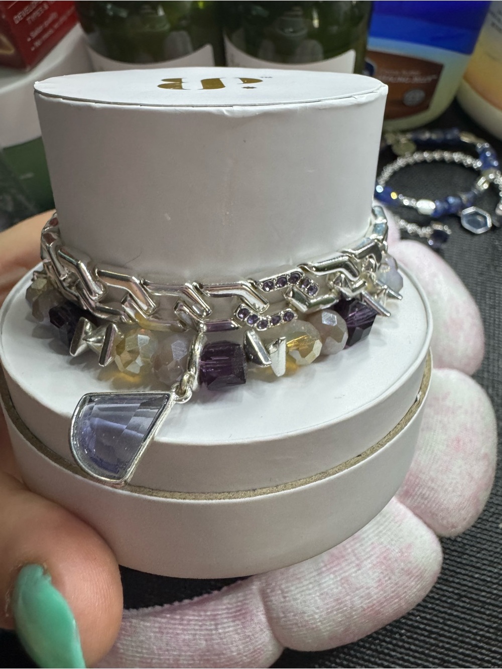bp Silver-Tone Bracelet with Purple and Clear Beads